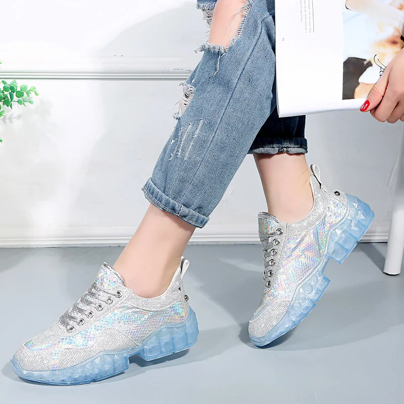 

Lucyever Women Bling Sneakers Fashion Clear Sole Crystal Transparent Shoes Woman Lace Up Platform Casual Shoes Creepers