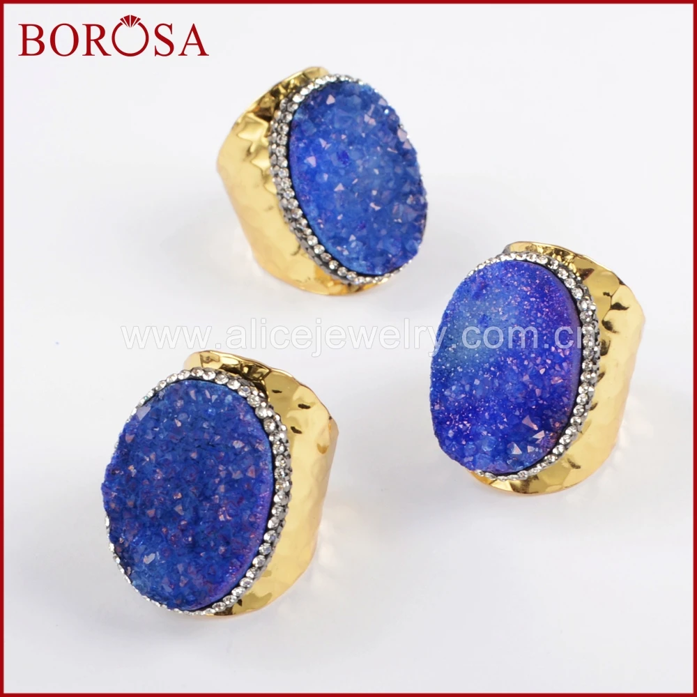 

BOROSA Size 7 Oval Blue Druzy Gold Band Ring Pave Rhinestone Drusy Crystal Gems Ring Party Drusy Jewelry for Women JAB829