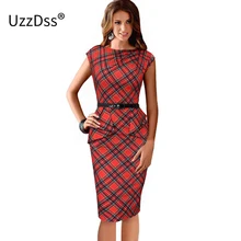 New Womens Vintage Elegant Belted Tartan Peplum Ruched Tunic Work Party Cap Sleeve Bodycon Sheath Dress