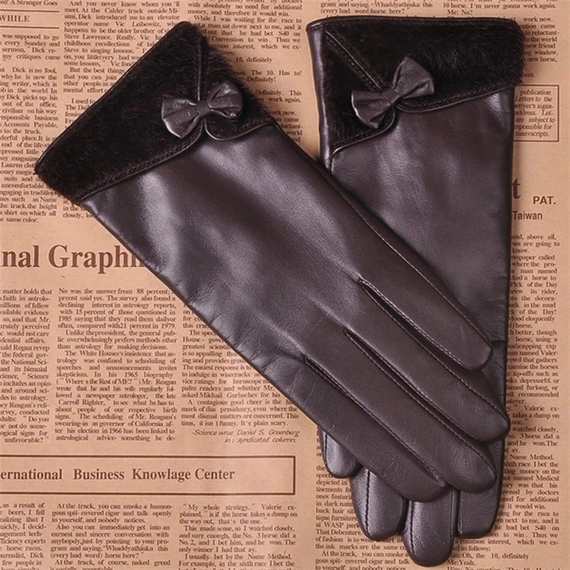 

Brand Genuine Leather Gloves Fashion Women Sheepskin Gloves Winter Plus Velvet Elegant Lady Finger Driving Glove L151NC