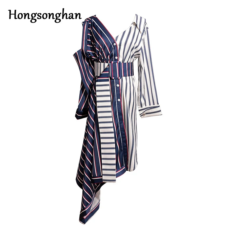 

Hongsonghan 2018 Stripe spliced color asymmetrical off shoulder Tunic Clothes irregular cropped Party dress Vintage tide