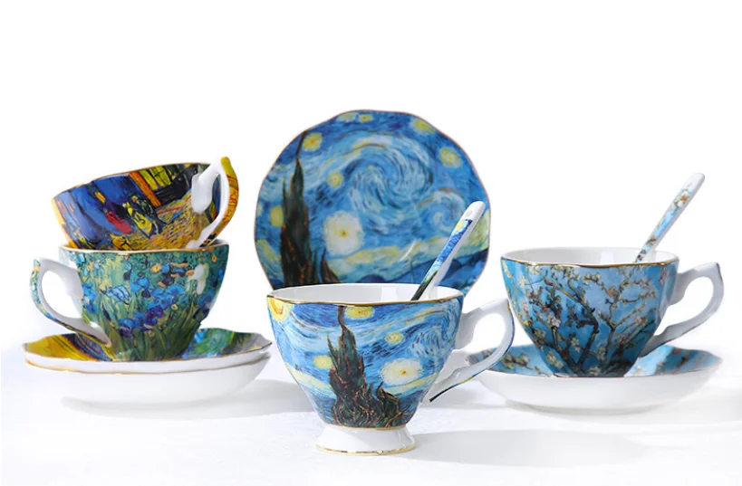 

European Style Luxury Van Gogh Ceramic Coffee Mug Cup Afternoon Tea Set Creative Gift Mugs Saucer Home Office DrinkwareLFB862