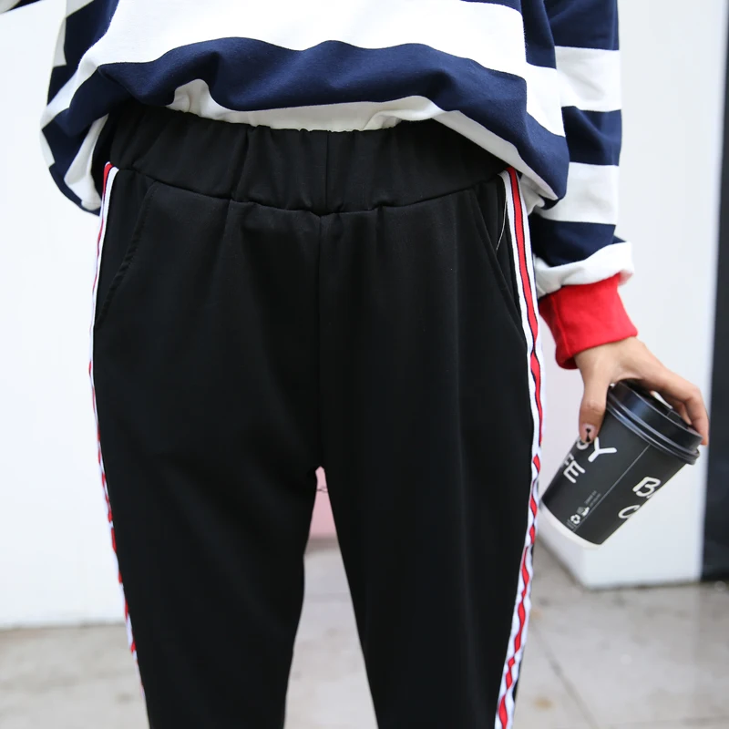 Harajuku autumn big Size M-XXL Sweatpants Women Casual cotton Harem Pants Loose Elastic Trousers Black Striped Side Sweat Pants Pants
