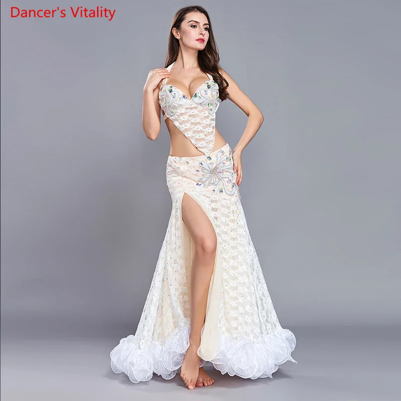 Роскошный для женщин бюстгальтер от костюма для танца живота+ алмазная длинная юбка набор из 2 шт представление шоу костюм 4 цвета