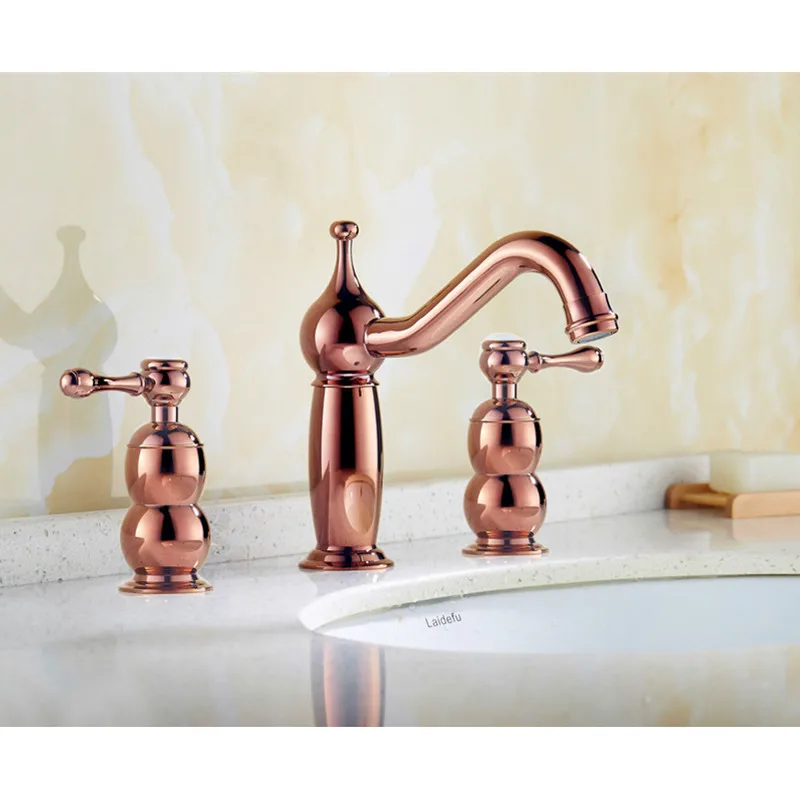 الحمام الغرور بالوعة 3 حفرة مقبضين على نطاق واسع صنبور ، الفاخرة روز الذهب