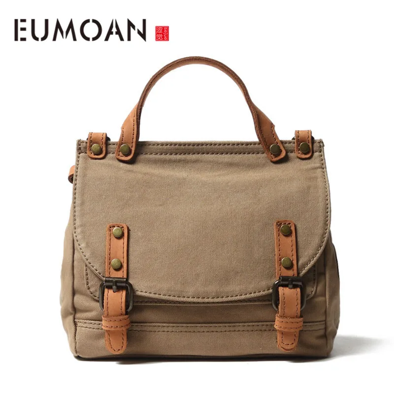 

EUMOAN New European and American style leather canvas handbag retro solid color shoulder portable Messenger small square bag