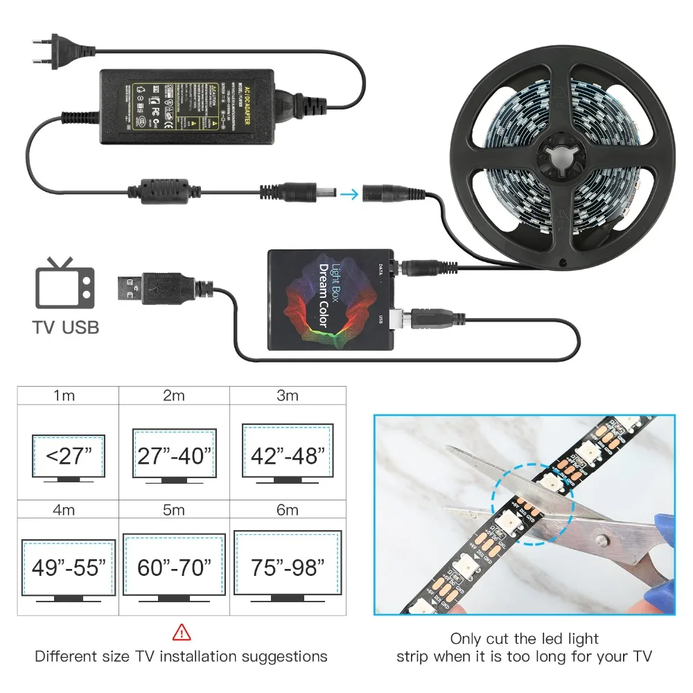 Dream color tv Подсветка USB Светодиодная лента RGB 5050 WS2812B светодиодный свет 5 В для HD ТВ ПК экран фоновое смещение освещение 1 м 2 м 3 м 4 м 5 м