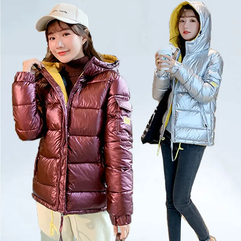 

Women Winter Short Down Jacket 2019 New Fashion Hooded Cotton Jacket Women Thick Warm parka Jacket Silver Shiny Waterproof Coats
