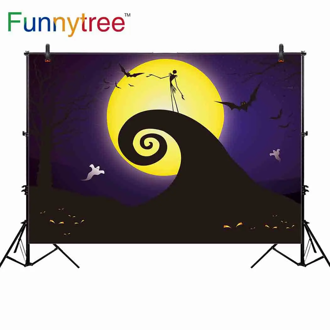 

Funnytree backdrops for photography studio Halloween cartoon big moon bat ghost for children background photobooth photocall