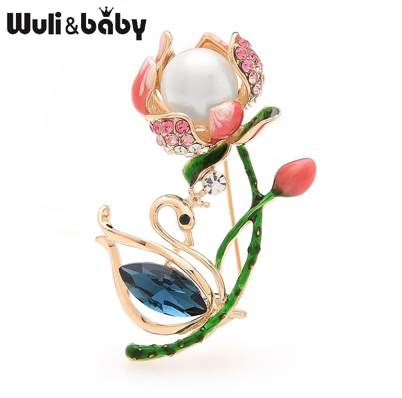 

Wuli&baby Ocean Blue Crystal Swan Brooch Pins Simulated Pearl Flower Brooch Pins For Women Jewelry Gift
