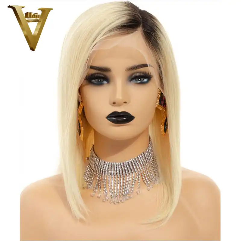 1b 613 Dark Roots Blonde Short Bob Lace Front Human Hair Wigs Pre