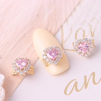 

5pcs gold/silver/pink/red 3d heart zircon drill alloy Nail Art Decorations luxury metal Nails art accessories Charms Jewelry