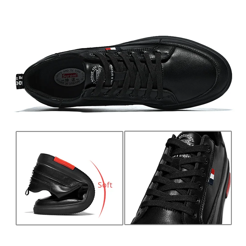 SUROM Leather Casual Shoes Men White Lace Up Fashion Classic Men Dress Shoes Black Flats Male Comfortable Breathable Lightweight