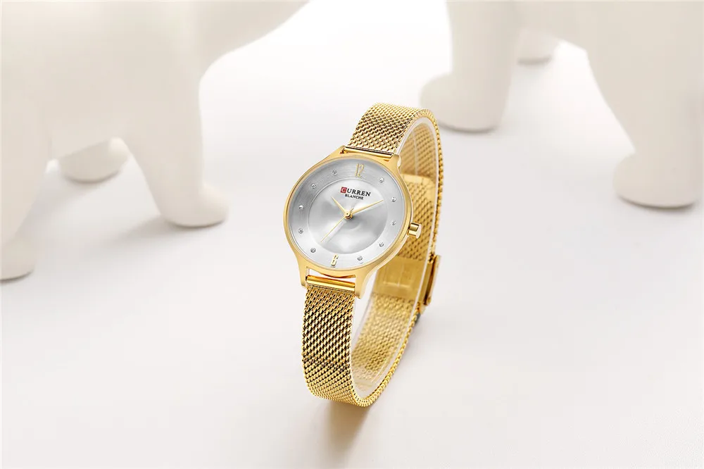 Простой дизайн CURREN женские модные кварцевые женские часы сетчатые наручные часы с романтическим блестящим циферблатом со стразами Reloj Mujer