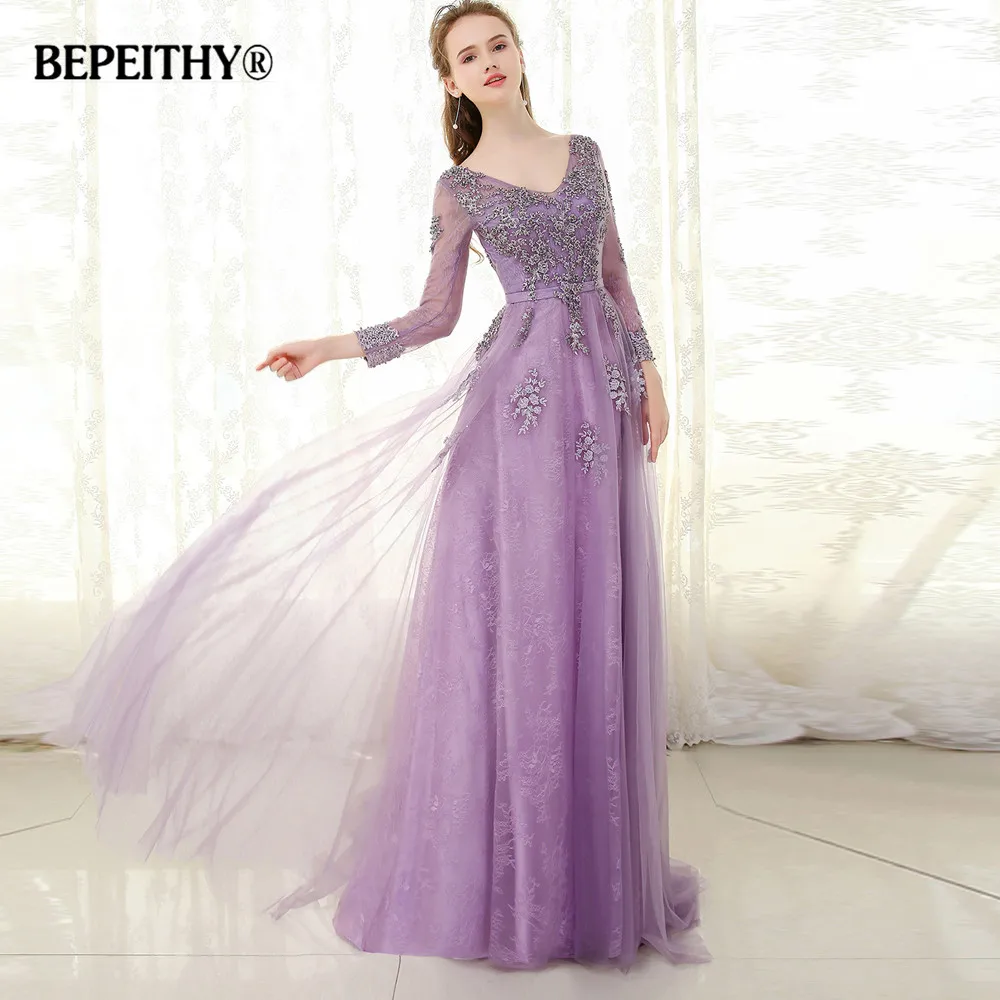 BEPEITHY фиолетовое длинное вечернее платье с длинными рукавами vestido de festa кружевное винтажное элегантное выпускное платье с v-образным вырезом