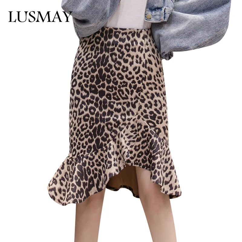 Ruffle Leopard Skirts Women 2018 New Fashion Autumn High Waist Knee