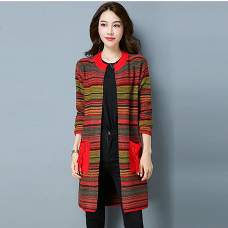 ^Cheap Women's Autumn Plus Size 4XL Striped Knitted Sweater Cardigan Korean Style Female O-Neck Long Sleeve Casual Knitted Outwear F499