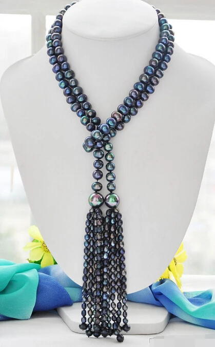 

xiuli 003302 New Style 9-10mm peacock black round freshwater pearl necklace 50inch