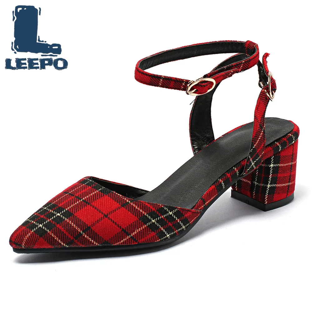 

LEEPO Sandals Women Square High Heels Shoes Woman Gingham Summer Ankle Strap Sandals Ladies Stripe Lattice Pointed Toe Pumps 5cm