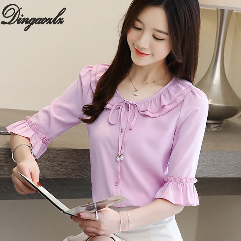 

Dingaozlz New Fashion Doll collar Bow tie Lady Top Half-sleeve Summer Chiffon blouse Sweet Ruffles Women Shirt