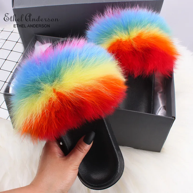 

2019 Lady Real Fox Fur Slippers Slides Plus Raccoon Fur Flip Flops Summer Extra Large Hair Sandals Flat Shoes