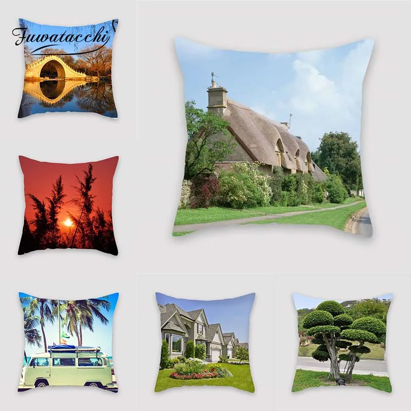 

Fuwatacchi Scenic Cushion Cover Bridge Cloud Village Oceanside Printed Pillow Cover Monk Decorative Pillows For Sofa Car Home