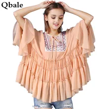 Qbale ruffle chiffon tops t shirts women 2017 summer cute Lolita style embroidery lace up tops plus size tee shirt femme