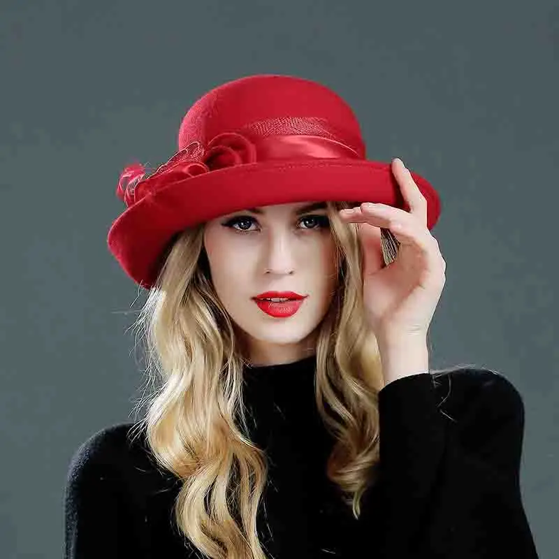 

MTTZSYLHH top hat female England spring and summer fashion flower hat hat warm hat pure high-grade wool felt hat