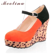 Ladies Sexy Pumps Spring Closed Toe Flock Platform High Heel Wedges Women’s Patch Leopard Orange Shoes Big size 42 43