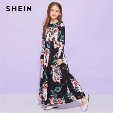 SHEIN Kiddie/милое длинное платье с цветочным принтом для девочек; детская одежда; коллекция года; весенние Повседневные детские длинные расклешенные платья с длинными рукавами