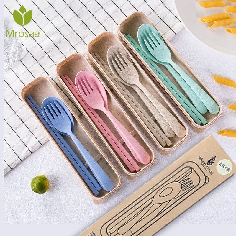 

Mrosaa Portable Children's Tableware Fork Three-piece Suit High Temperature Easy To Clean Wheat Straw