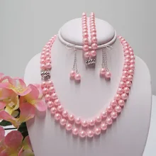 Ювелирные изделия из натурального жемчуга, корпус из розового жемчуга, 2 ожерелье и комплект из браслета и серег, 8 мм, 18 ''7,5'', Свадебный серебряный крючок