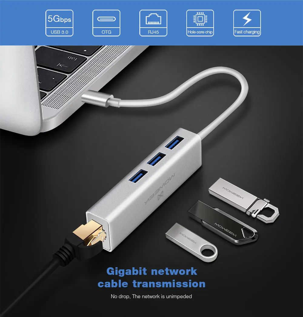 Moweek USB 3,0 концентратор type c для Ethernet сетевой адаптер 1000 Мбит/с RJ45 usb-c с 3 usb 3,0 портами usb разветвитель для MacBook Pro