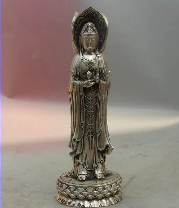

USPS to USA S1012 China White Copper Silver Dragon Three sides Kwan-yin Guanyin Bodhisattva Statue B0401