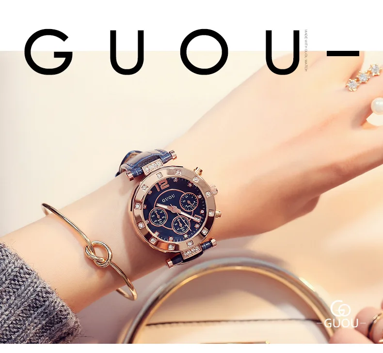 GUOU часы роскошные женские часы модные кварцевые часы женские Стразы кожа повседневные женские часы розовое золото relogio feminino