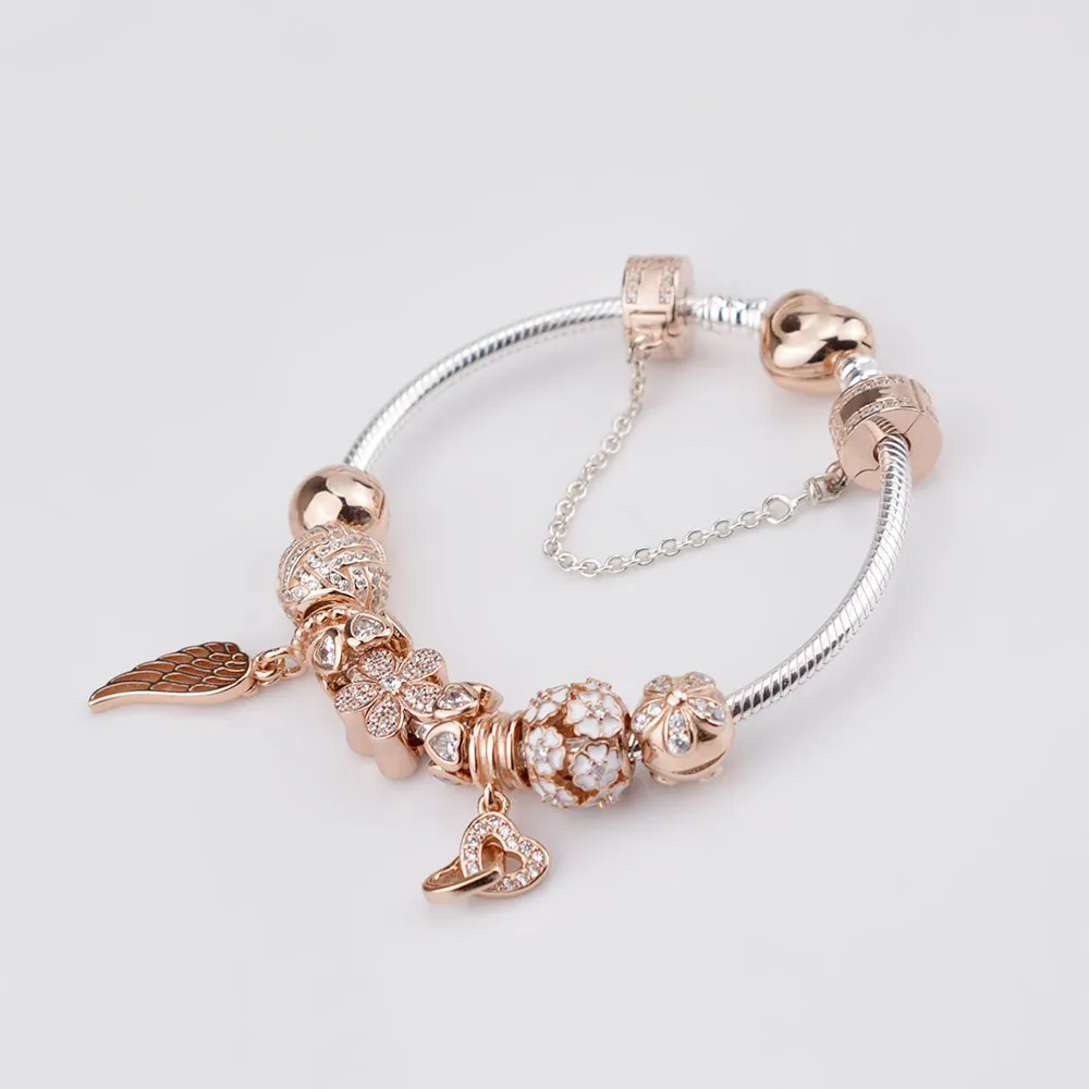

SIEMTO 100% 925 Sterling Silver Bracelet For Set Women Rose golden charm Bead Jewelry DIY bangle Free Shipping