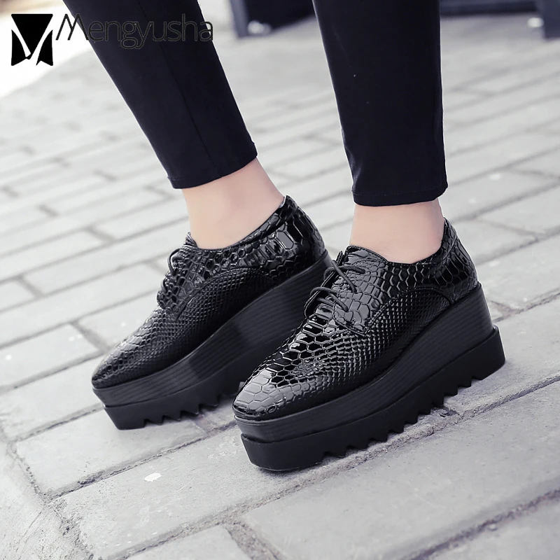 New Womens Patent Leather Creeper Brogue Lace Up Wedge High Heels Platform Shoes