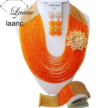 

Laanc 16 layers 4mm Beads 22inches Gold and Orange Crystal Wedding Jewelry Set Women African Beads Nigerian Necklace AL379