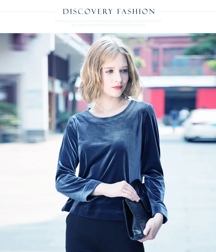 Fashion Women velvet shirt ,New Spring Autumn O-neck long sleeve Velvet blouse ,black blue velour striped sweater
