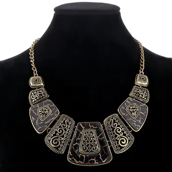

ZOSHI Fashion Ethnic Vintage Antique Gold Color Colorful Enameling Geometric Pendants Choker Statement Necklaces Bijoux