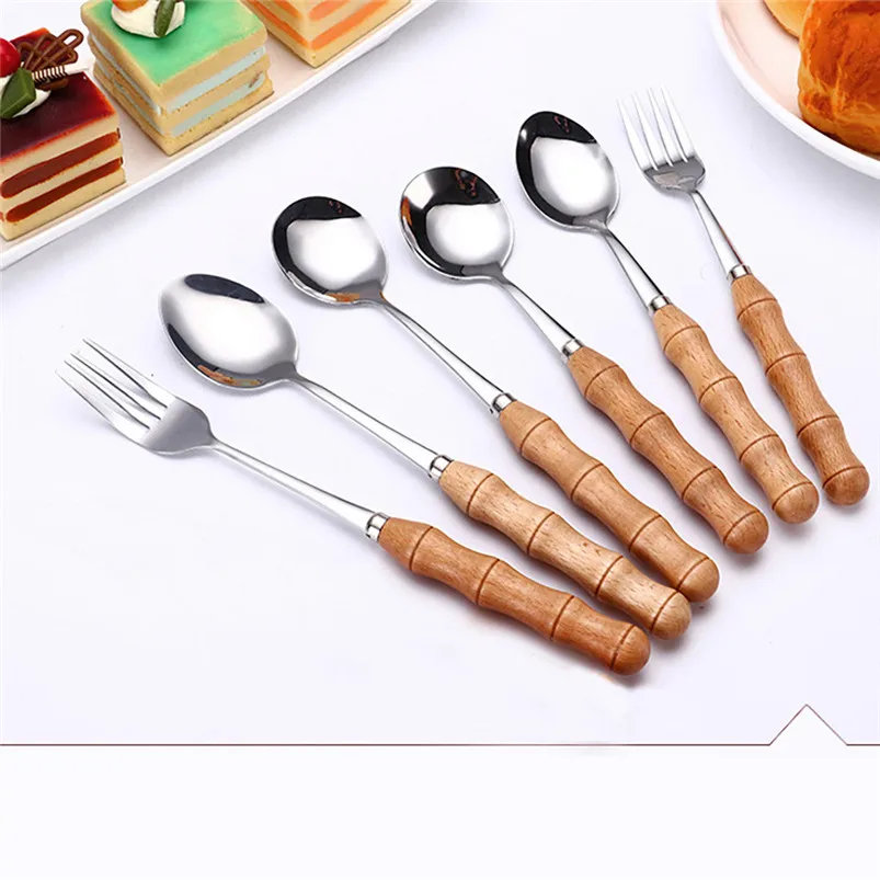1PC Creative Bamboo Wooden Handle Stainless Steel Upscale Cutlery Fork Spoon Kitchen Tool Utensilio De Cozinha Criativos 40JUL87