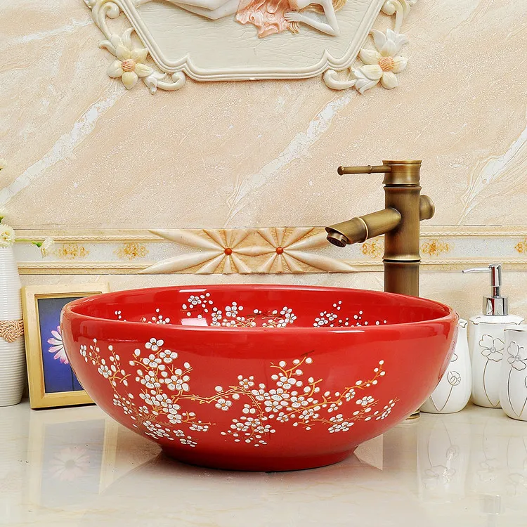 Art red color porcelain bathroom sinks ceramic wash basinsbathroom