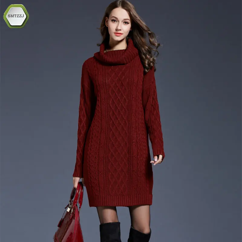 SMTZZJ font b 2018 b font Luxury Casual Turtleneck Knitted Sweater Dress Women Cotton Slim Bodycon