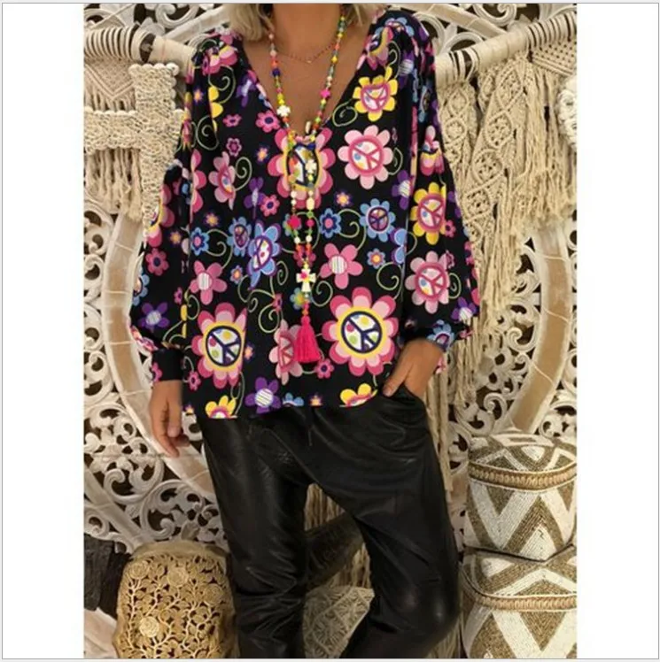 

Women Long Sleeve Boho Floral T-Shirt Casual V-Neck Tops Loose T-Shirts Tee Summer Plus Size
