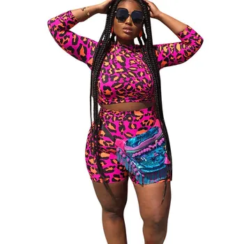 

Women Leopard Print Two Piece Sets Fashion Crop Top And Pants Casual Tracksuit Shorts Slim Fitness Suit Outfits
