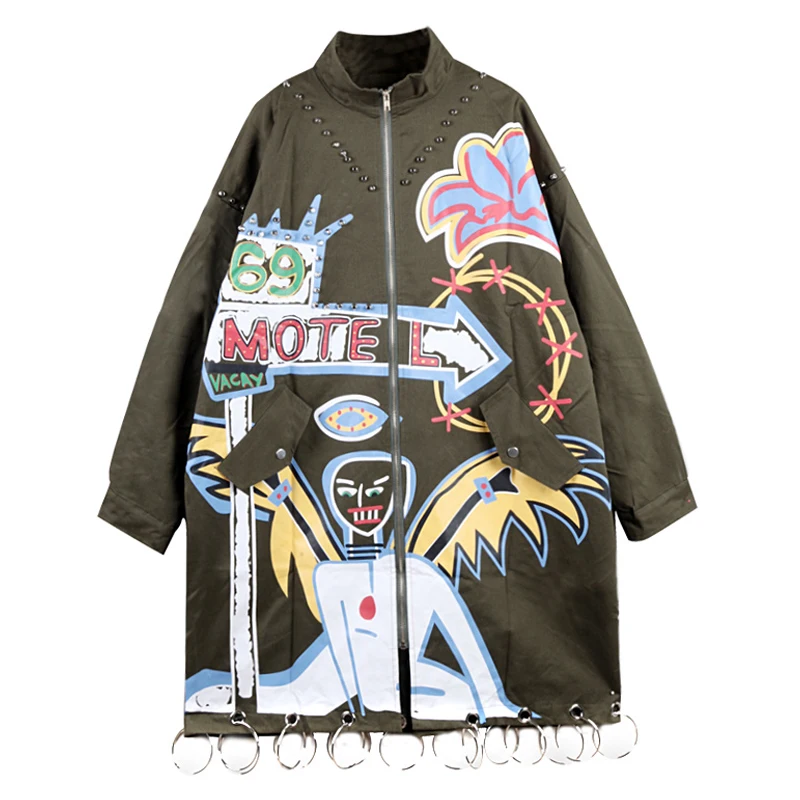 Femmes Oversize Taille Manteau army 2017 Rivets De Plus Punk Green Bomber Noir Marque Long Style Mode Longue Veste Graffiti fqWHX6w