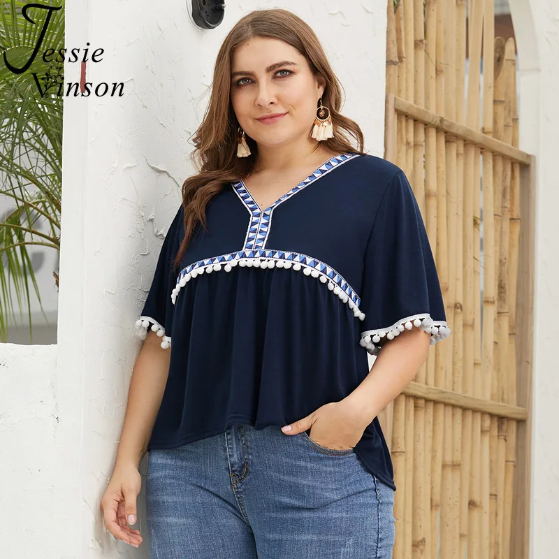 Jessie Vinson Short Sleeve V Neck Tassel Ball Summer T Shirt Plus Size Women Tops Patchwork Blue Casual Loose Tee 2019 | Женская одежда