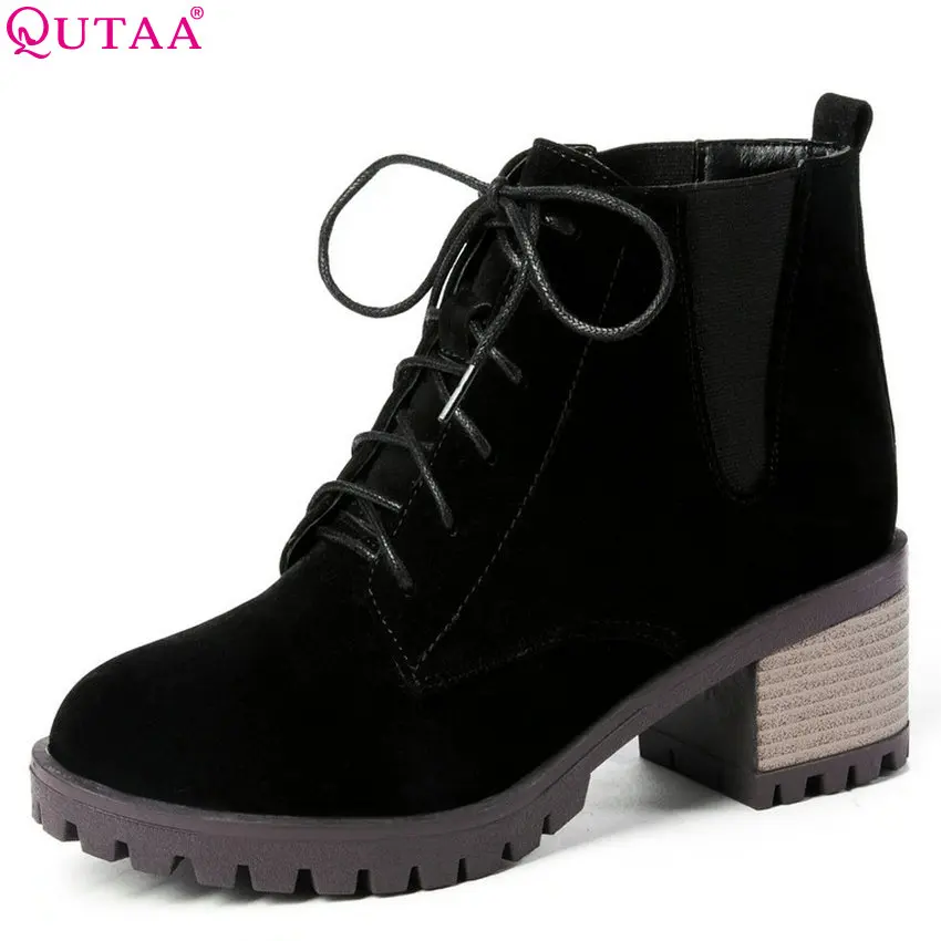 

QUTAA 2019 Women Ankle Boots Flock Fashion Women Winter Shoes Square High Heel Lace Up Platform Women Boots Big Size 34-43