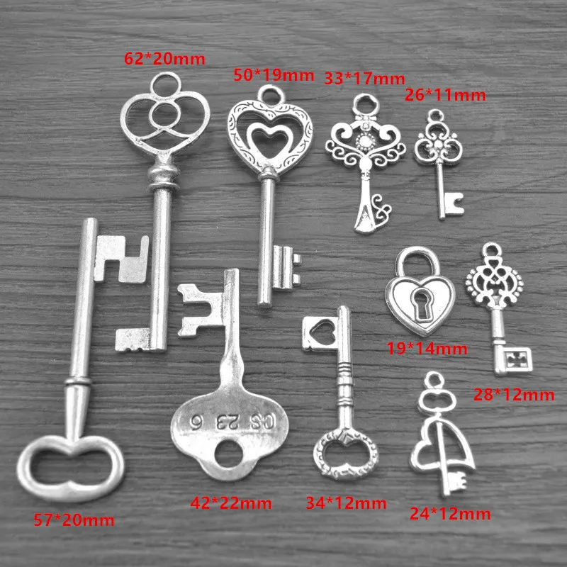 10 шт микс, распродажа, винтажный металлический ключ и замок, тибетское серебро, сделай сам, подвески и ожерелья, изготовление ювелирных изделий 4011D