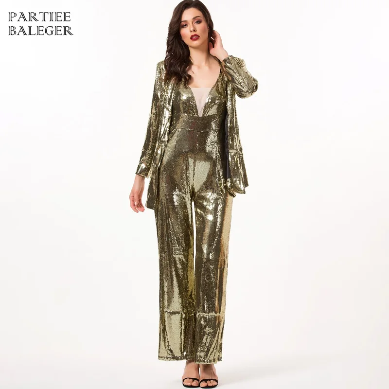 

2019 Hot New Arrival Two Pieces Sets Turn-down Collar Gold Sequins Buttons Design Celebrity Party Jumpsuit Suit
